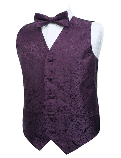 Boy's Classic Paisley Jacquard Pre-Tied Bow Tie and Waistcoat Set, 079-Plum Purple