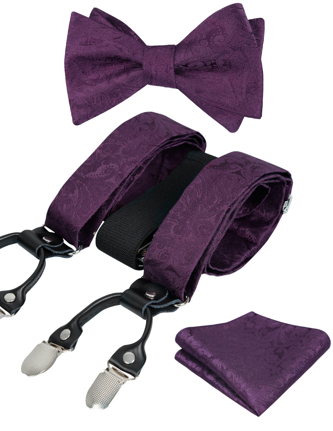 Men's Paisley Suspenders and Self Tied Bow Tie for Men with Pocket Square Set-BD076