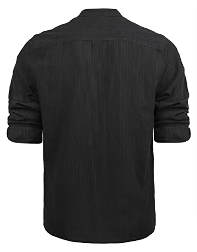 Men's Henley Shirt Long Sleeve Cotton Viscose Solid Button-Down Casual Beach Shirt with Pocket, 102-Black