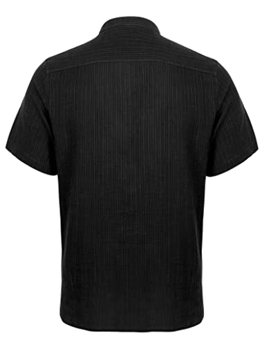 Men's Casual Cotton Viscose Henley Shirt Short Sleeve Solid Button-Down Beach Tops with Pocket, 101-Black