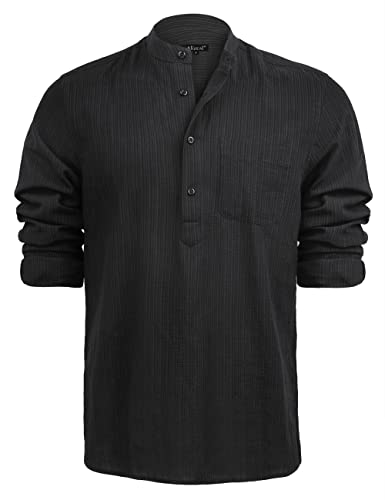 Men's Henley Shirt Long Sleeve Cotton Viscose Solid Button-Down Casual Beach Shirt with Pocket, 102-Black