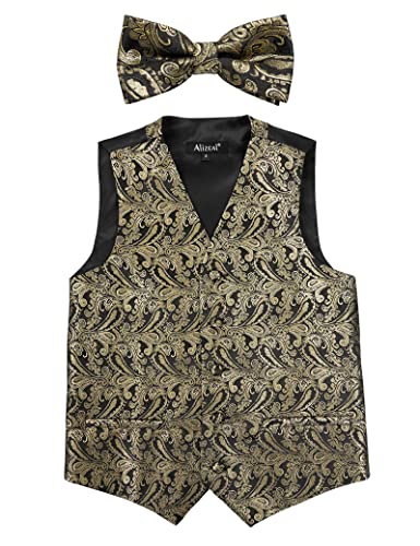 Boy's Classic Paisley Bow Tie and Suit Vest Set, 079-Black Gold