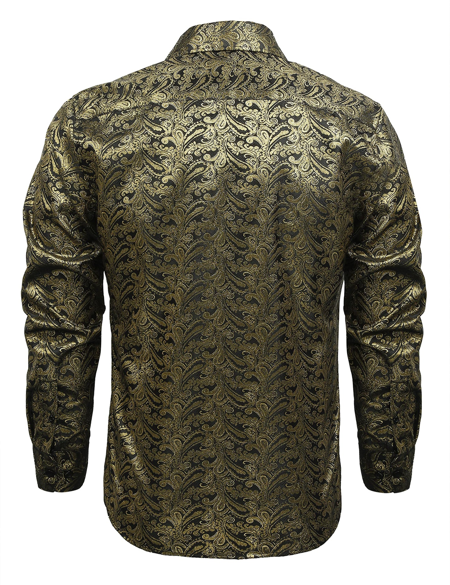 Men's Paisley Jacquard Dress Shirt Classic Slim Fit Button-Down Long Sleeve Shirt, 113-Black Gold