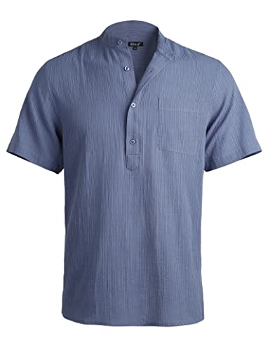 Men's Casual Cotton Viscose Henley Shirt Short Sleeve Solid Button-Down Beach Tops with Pocket, 101-Blue