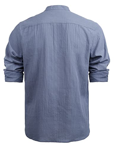 Men's Henley Shirt Long Sleeve Cotton Viscose Solid Button-Down Casual Beach Shirt with Pocket, 102-Blue