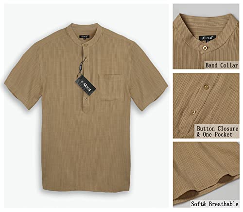 Men's Casual Cotton Viscose Henley Shirt Short Sleeve Solid Button-Down Beach Tops with Pocket, 101-Brown