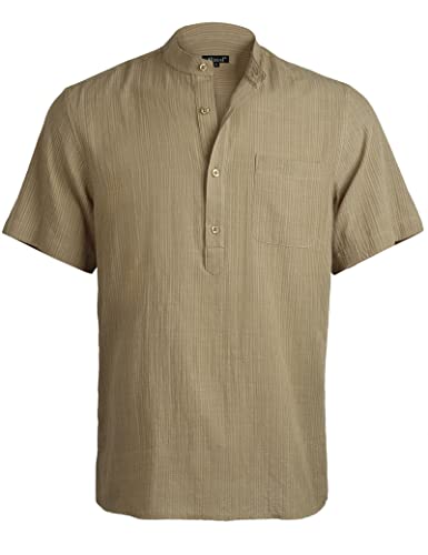 Men's Casual Cotton Viscose Henley Shirt Short Sleeve Solid Button-Down Beach Tops with Pocket, 101-Brown