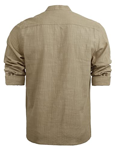 Men's Henley Shirt Long Sleeve Cotton Viscose Solid Button-Down Casual Beach Shirt with Pocket, 102-Brown