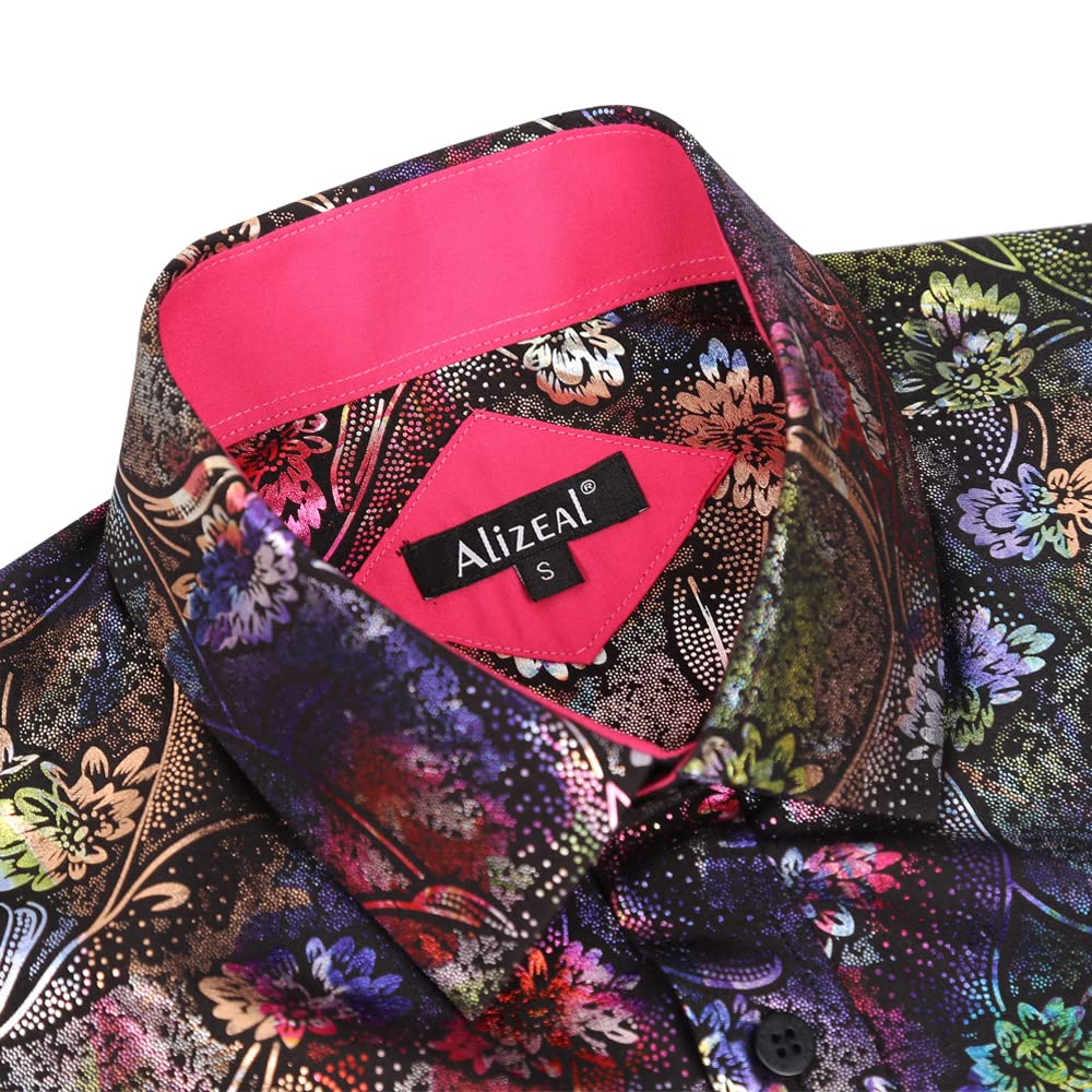 Men's Lapel Bronzing Shirt Casual Slim Fit Shiny Pattern Button-Down Long Sleeve Shirt, 009-Colorful Flower