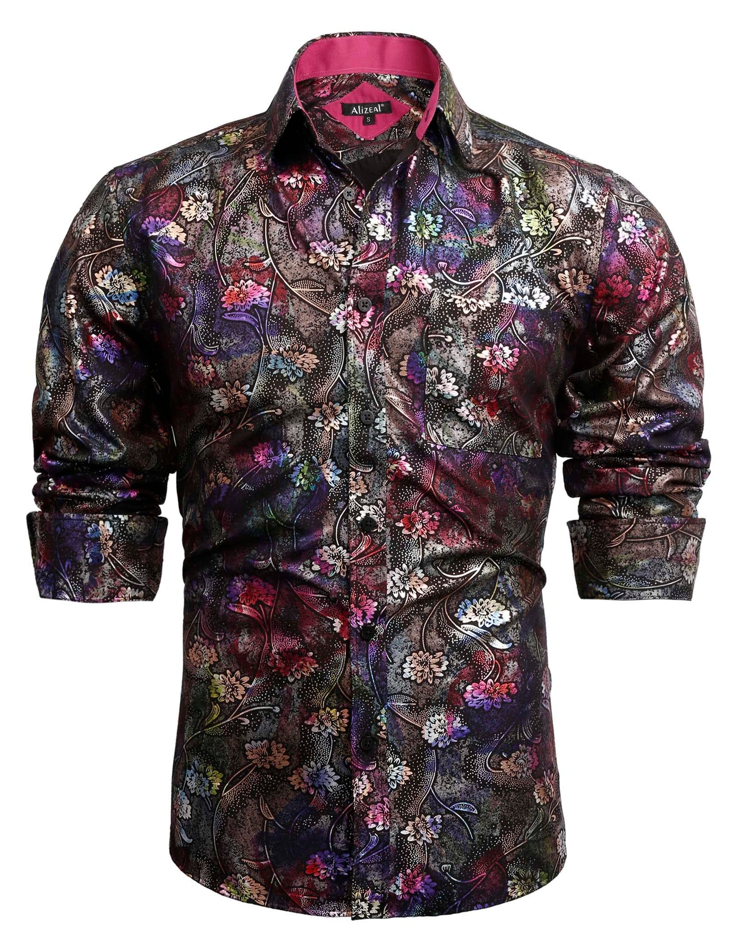 Men's Lapel Bronzing Shirt Casual Slim Fit Shiny Pattern Button-Down Long Sleeve Shirt, 009-Colorful Flower
