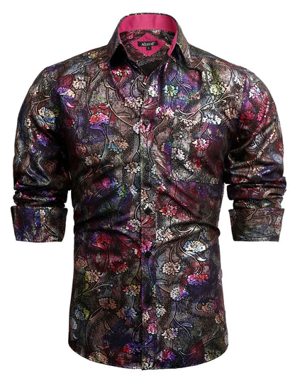 Men's Lapel Bronzing Shirt Casual Slim Fit Shiny Pattern Button-Down Long Sleeve Shirt, 009-Colorful Flower