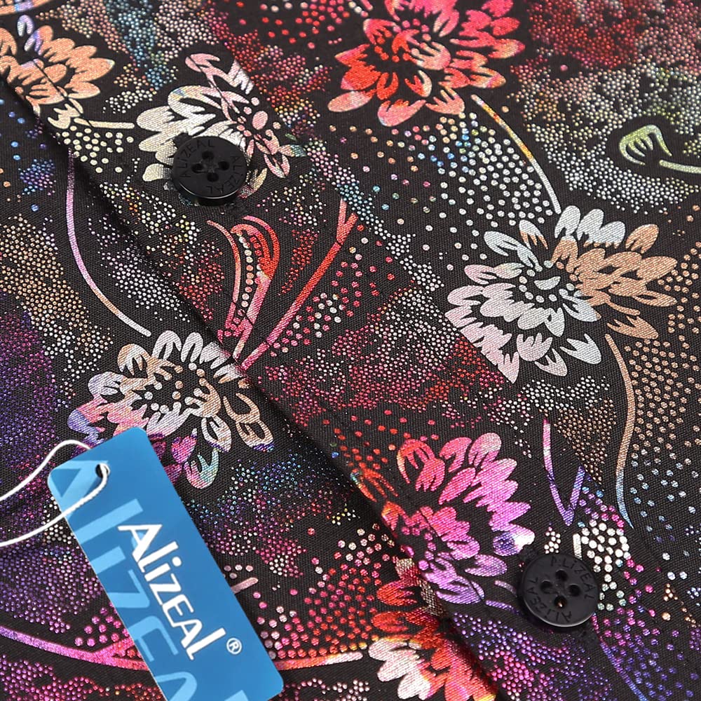 Men's Lapel Bronzing Shirt Casual Slim Fit Shiny Pattern Button-Down Long Sleeve Shirt, 009-Colorful Flower