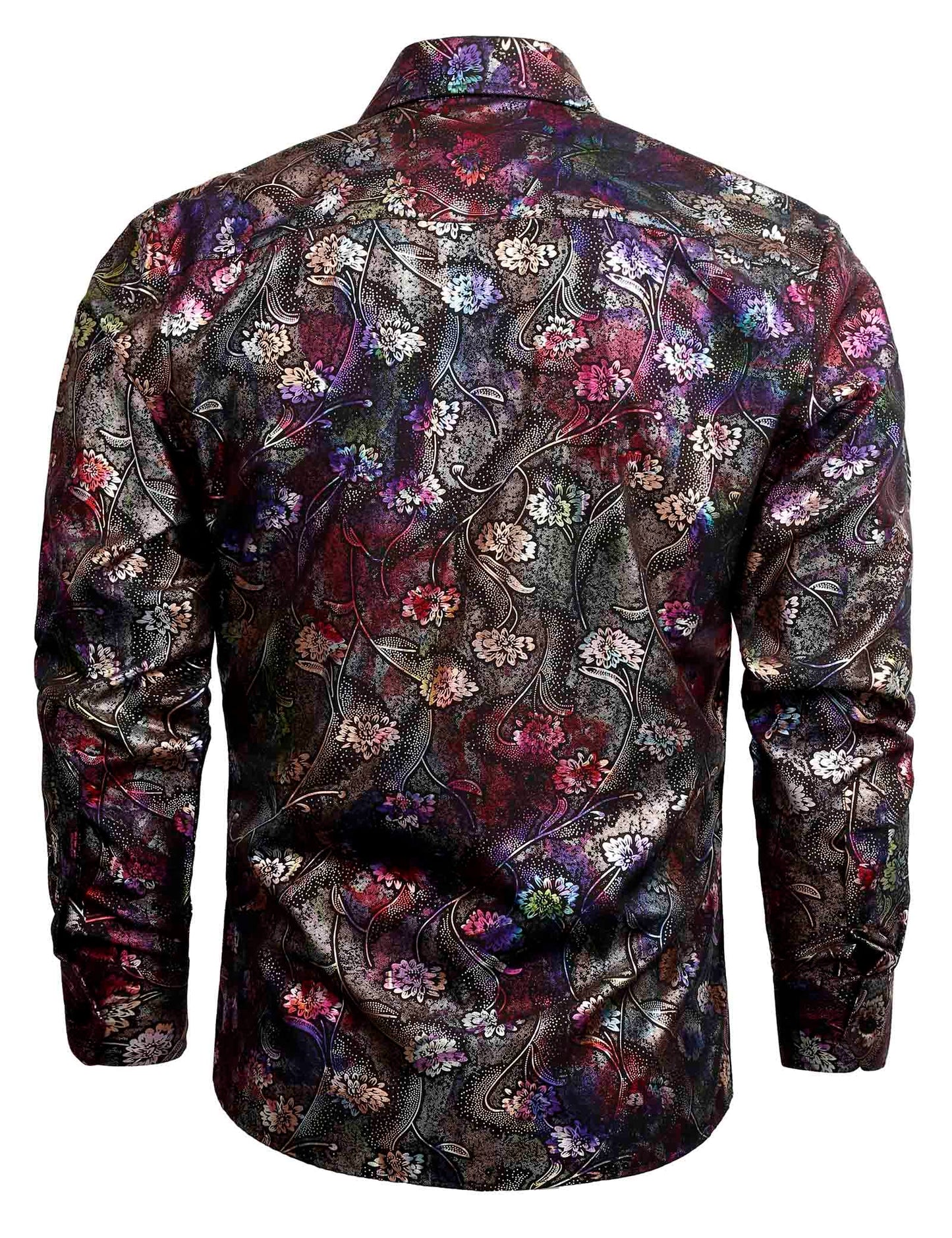 Men's Lapel Bronzing Shirt Casual Slim Fit Shiny Pattern Button-Down Long Sleeve Shirt, 009-Colorful Flower