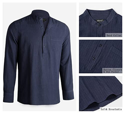 Men's Henley Shirt Long Sleeve Cotton Viscose Solid Button-Down Casual Beach Shirt with Pocket, 102-Dark Navy