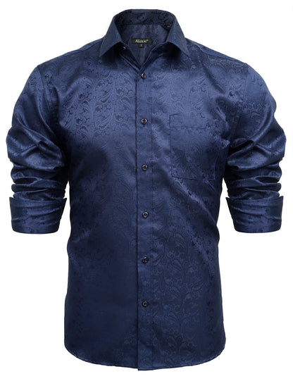 Men's Paisley Jacquard Dress Shirt Classic Slim Fit Button-Down Long Sleeve Shirt, 113-Dark Navy