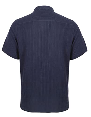 Men's Casual Cotton Viscose Henley Shirt Short Sleeve Solid Button-Down Beach Tops with Pocket, 101-Dark Navy