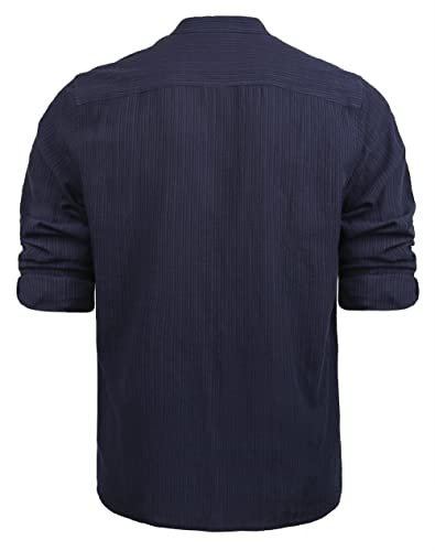 Men's Henley Shirt Long Sleeve Cotton Viscose Solid Button-Down Casual Beach Shirt with Pocket, 102-Dark Navy