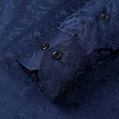 Men's Paisley Jacquard Dress Shirt Classic Slim Fit Button-Down Long Sleeve Shirt, 113-Dark Navy