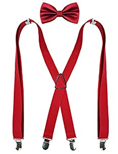 Men's X Back Suspender and Bow Tie Set Elastic Adjustable Braces Set, BD078