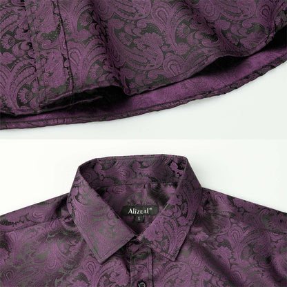 Men's Paisley Jacquard Dress Shirt Classic Slim Fit Button-Down Long Sleeve Shirt, 113-Eggplant