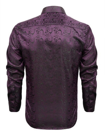 Men's Paisley Jacquard Dress Shirt Classic Slim Fit Button-Down Long Sleeve Shirt, 113-Eggplant