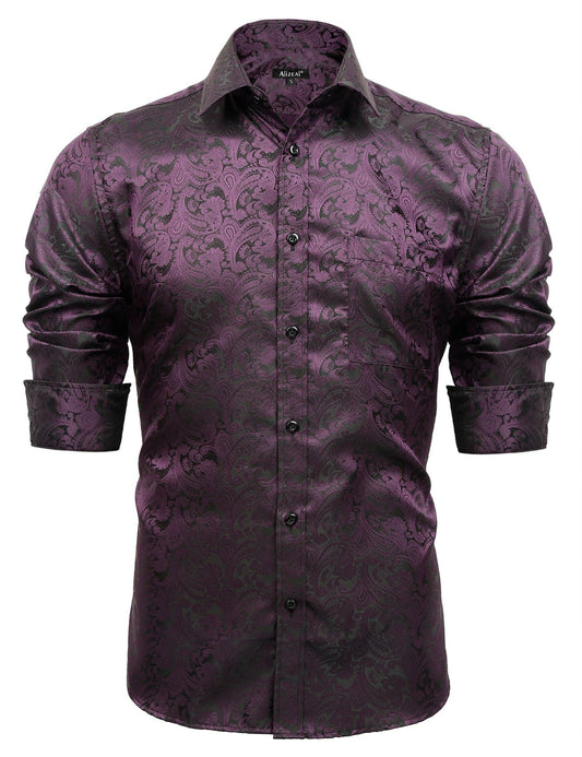 Men's Paisley Jacquard Dress Shirt Classic Slim Fit Button-Down Long Sleeve Shirt, 113-Eggplant