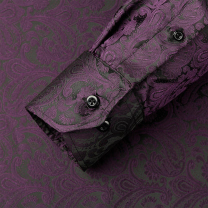 Men's Paisley Jacquard Dress Shirt Classic Slim Fit Button-Down Long Sleeve Shirt, 113-Eggplant