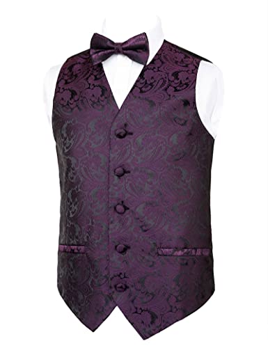 Boy's Paisley Adjustable Pre-Tied Bow Tie and Tuxedo Waistcoat Set, 079-Eggplant
