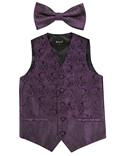 Boy's Paisley Adjustable Pre-Tied Bow Tie and Tuxedo Waistcoat Set, 079-Eggplant