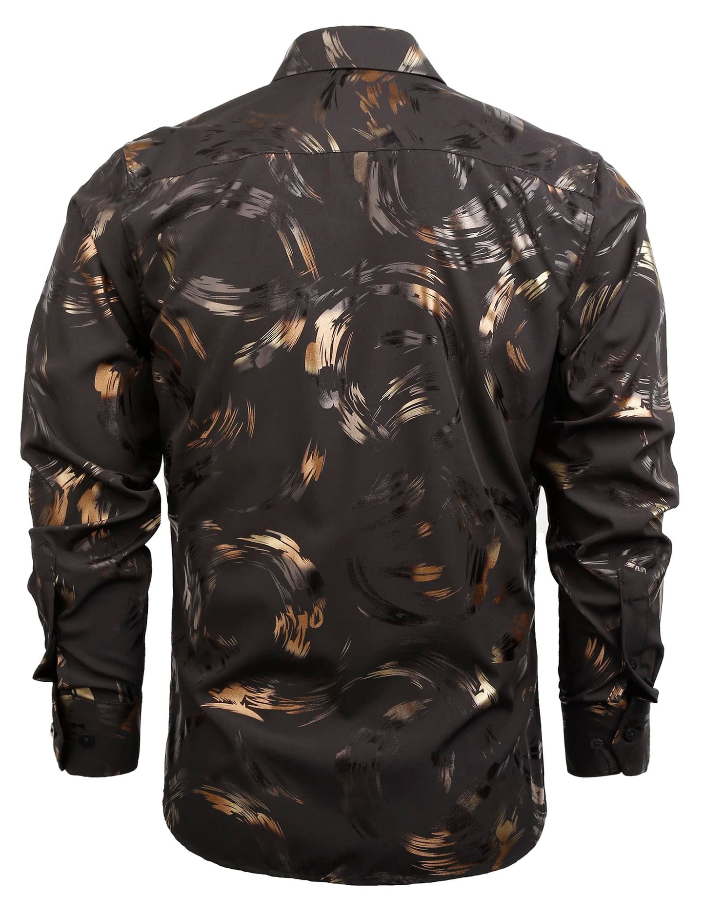 Men's Lapel Bronzing Shirt Casual Slim Fit Shiny Pattern Button-Down Long Sleeve Shirt, 009-Feather