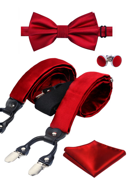 Mens Solid Color 6 Clips Suspender and Bowtie, Hanky, Cufflinks Set, BD072