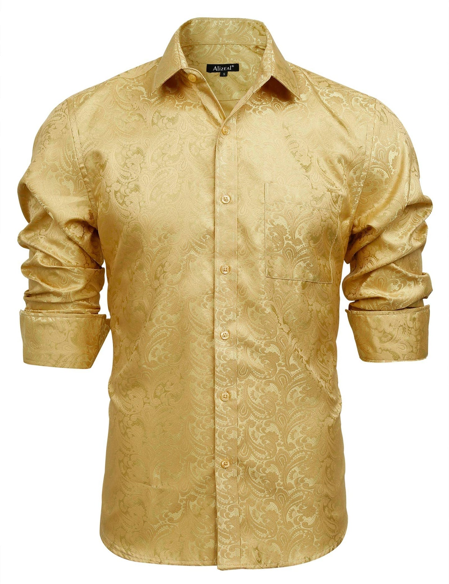 Men's Paisley Jacquard Dress Shirt Classic Slim Fit Button-Down Long Sleeve Shirt, 113-Golden Olive
