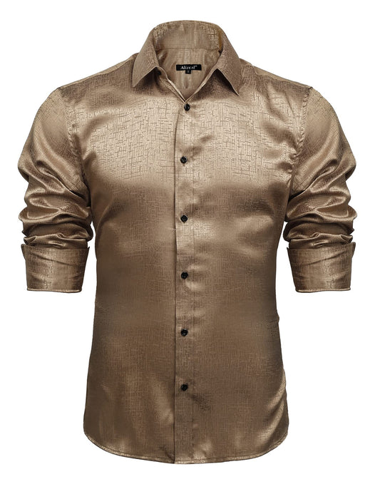 Alizeal Men's Shiny Satin Button Down Shirt 008-Khaki