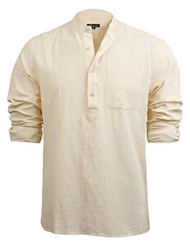 Men's Henley Shirt Long Sleeve Cotton Viscose Solid Button-Down Casual Beach Shirt with Pocket, 102-Khaki