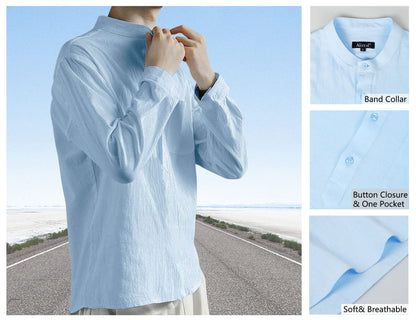 Men's Henley Shirt Long Sleeve Casual Cotton Beach Vacation Shirt, 100-Light Blue