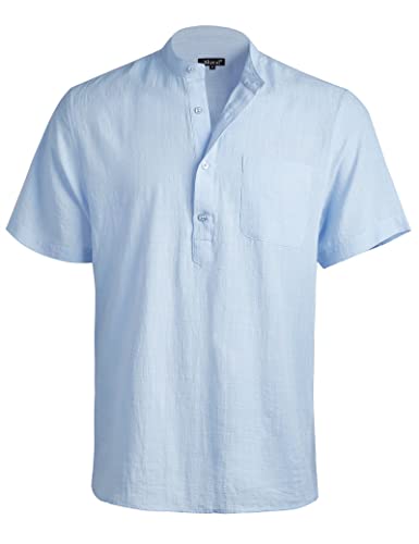 Men's Casual Cotton Viscose Henley Shirt Short Sleeve Solid Button-Down Beach Tops with Pocket, 101-Light Blue