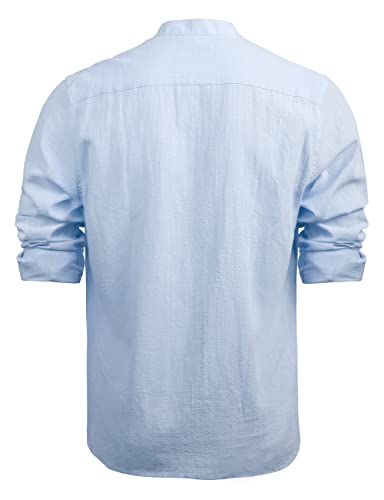 Men's Henley Shirt Long Sleeve Cotton Viscose Solid Button-Down Casual Beach Shirt with Pocket, 102-Light Blue