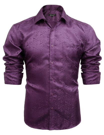 Men's Paisley Jacquard Dress Shirt Classic Slim Fit Button-Down Long Sleeve Shirt, 113-Plum Purple