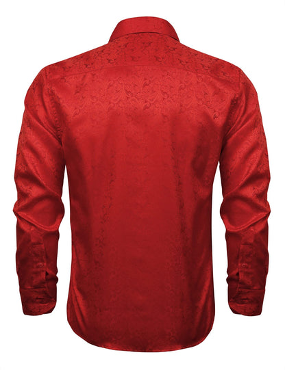 Men's Paisley Jacquard Dress Shirt Classic Slim Fit Button-Down Long Sleeve Shirt, 113-Red