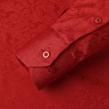Men's Paisley Jacquard Dress Shirt Classic Slim Fit Button-Down Long Sleeve Shirt, 113-Red