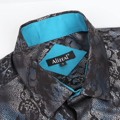 Men's Lapel Bronzing Shirt Casual Slim Fit Shiny Pattern Button-Down Long Sleeve Shirt, 009-Snake