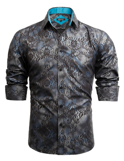 Men's Lapel Bronzing Shirt Casual Slim Fit Shiny Pattern Button-Down Long Sleeve Shirt, 009-Snake