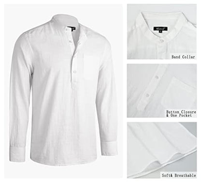 Men's Henley Shirt Long Sleeve Cotton Viscose Solid Button-Down Casual Beach Shirt with Pocket, 102-White
