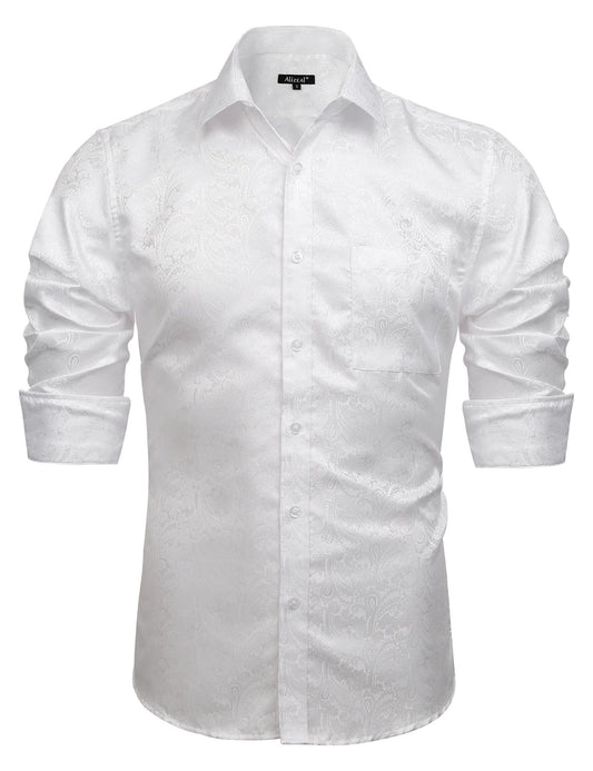 Men's Paisley Jacquard Dress Shirt Classic Slim Fit Button-Down Long Sleeve Shirt, 113-White