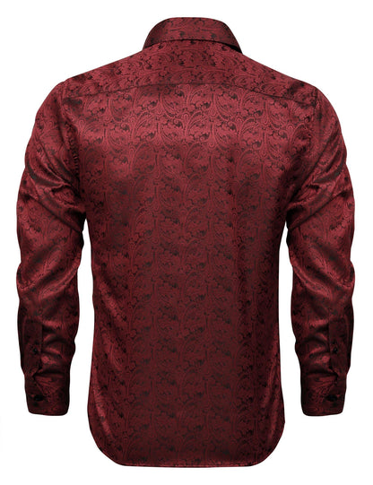 Men's Paisley Jacquard Dress Shirt Classic Slim Fit Button-Down Long Sleeve Shirt, 113-Wine Red
