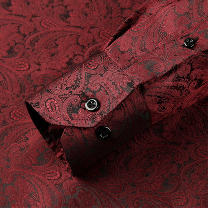Men's Paisley Jacquard Dress Shirt Classic Slim Fit Button-Down Long Sleeve Shirt, 113-Wine Red