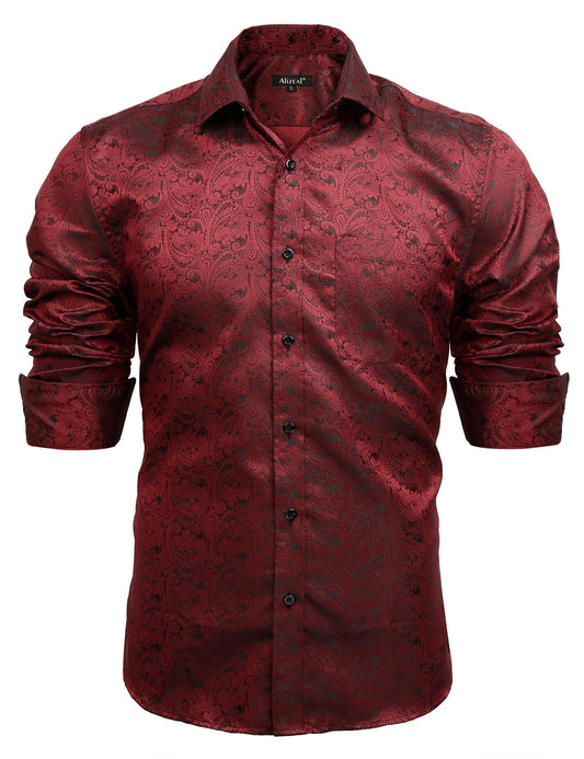 Men's Paisley Jacquard Dress Shirt Classic Slim Fit Button-Down Long Sleeve Shirt, 113-Wine Red